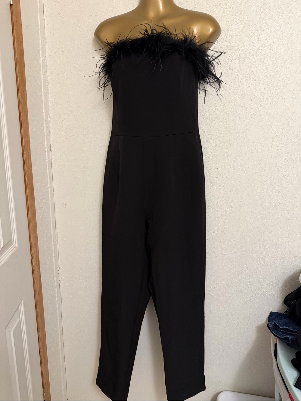 Gianni Bini Black Strapless Feather-Trim Jumpsuit